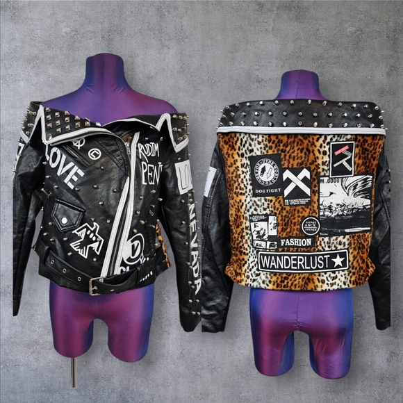 For Her‎ NYC Black Faux Leather Graffiti Studded Off the Shoulder Jacket Large - Picture 1 of 14